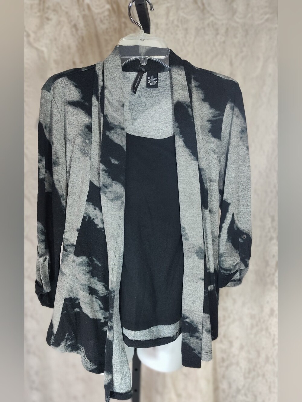 New directions Black & Gray Tie-Dye Open Front Cardigan Attached Tank